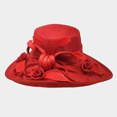 Crown Circumference : 23" Crown Height : 4" Brim Height : 6.75" Red Top Hat For Spring Church Events, Red Top Hat For Spring Church, Red Top Hat With Curved Brim For Spring, Red Brimmed Sun Hat For Party, Red Curved Brim Top Hat For Spring, Red Top Hat For Summer Church, Fitted Red Brimmed Top Hat, Red Short Brim Sun Hat For Party, Red Brimmed Mini Hat For The Beach