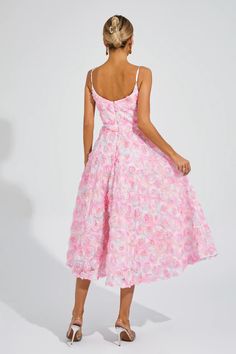 The Wendell Pink Flower Slip Dress exudes a chic and sensual charm that is perfect for both casual beach parties and sophisticated evening affairs. Its off-shoulder design and floral pattern highlight your feminine beauty, making it an ideal choice for vacations or romantic dates. Crafted with attention to detail, this dress is a must-have for any fashion-forward woman.  Dress Length: Approx 115cm Materials: Polyester Gentle Dry Clean Only  The model is 5 ft 7 and wears size S  Color may vary du Summer Party Midi Dress In Feminine Style, Summer Party Midi Dress With Feminine Style, Feminine Summer Midi Party Dress, Summer Rose Print Midi Floral Dress, Summer Midi Floral Dress With Rose Print, Summer Evening Midi Dress With Sweetheart Neckline, Summer Evening Midi Dress With Floral Embroidery, Chic Floral Dress For Spring Party, Chic Spring Floral Party Dress