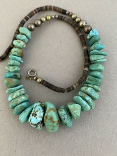 "All of our turquoise has been tested. All are natural color and natural turquoise gemstone. Most have a Mohs hardness of 6 or greater. Woman's or Gentlemen's jewelry gift Offered is Royston mines natural, undyed turquoise beads Beautiful Vintage Strand Stones: Number 8 mine Turquoise & Heishi Shell beads Total weight: 32g Signed: No Condition: excellent, Vintage Measurements: From clasp to clasp 17\" Total necklace hang down 8\" Here we have a gorgeous vintage Strand Featuring natural chunk Antique Turquoise Jewelry, Real Turquoise Jewelry, Vintage Turquoise Jewelry, Turquoise Stone Jewelry, Jewelry Turquoise, Royston Turquoise, Native Jewelry, Number 8, Silver 925 Necklace