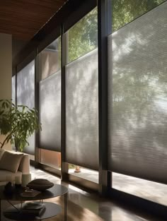 a living room with large windows that have shades covering the entire wall and furniture in front of them