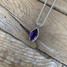 "Beautiful deep purple amethyst necklace...1 1/4\" tall with bail by 7/16\" wide at the widest spot, cast and antiqued in sterling silver 925 with a gorgeous 20mm by 10mm marquise shape amethyst stone...the chain is 18\" long also in sterling silver 925 with a lobster catch" Amethyst Necklace, Amethyst Stone, Necklace Handmade, Purple Amethyst, Deep Purple, Handmade Necklaces, The Chain, Silver 925, Hippie Boho