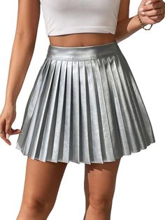 This High Waist Faux Leather Pleated Mini Skirt is expertly crafted using high-quality faux leather, ensuring durability and longevity. The high waist design provides a flattering fit, while the pleated detail adds a touch of elegance. Perfect for making a statement in any outfit. 100% Polyester Machine Wash Fabric has some stretch Feature: PU leather, high waist, pleated hem, skater mini skirt Brand Size Dress Bust Waist Hip XS 0-2 31-32.5'' 23-24'' 31-34" S 4--6 33-35'' 25-26'' 35-37" M 8--10 Fitted Leather Pleated Skirt, Leather Pleated Skirt For Night Out, Trendy Fitted Metallic Mini Skirt, Fitted Faux Leather Lined Skirt, Party Pleated Solid Color Tennis Skirt, Chic Pleated Leather Mini Skirt, Leather Pleated Skirt For Party, Fitted Faux Leather Flared Skirt, Fall Leather Pleated Mini Skirt