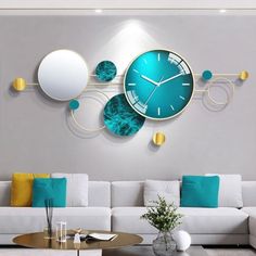 a living room filled with furniture and a large clock on the wall above it's face