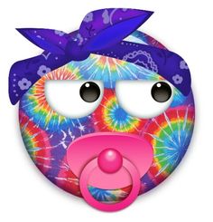 a colorful tie dye face with a pacifier in it's mouth and tongue