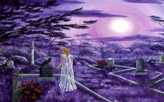 a painting of a cemetery at night