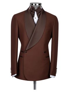 Brown Three-piece Wedding Suit, Brown Tuxedo Suit For Wedding, Brown Elegant Wedding Tuxedo, Elegant Brown Wedding Blazer, Brown Tailored Tuxedo For Wedding, Tailored Three-piece Suit For Wedding With Long Sleeves, Brown Three-piece Suit With Notch Lapel For Wedding, Brown Notch Lapel Three-piece Suit For Wedding, Elegant Sets With Lapel Collar And Buttons