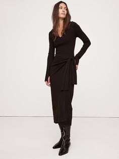 Sculpted Tie-Front Midi Dress | Banana Republic 2023 Wishlist, Essential Dress, Work Dresses, Suits And Jackets, Cuff Detail, Casual Fall Outfits, Perfect Woman, Chocolate Ganache, Dressed Down