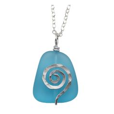 a blue sea glass pendant with silver swirls on it's end and a chain