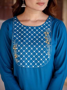 A charming blue and rayon kurta, meticulously adorned with yoke design & Chikankari detailing. The straight shape enhances its elegant silhouette, making it a perfect blend of traditional craftsmanship and contemporary style. Single Piece Fabric: Rayon Color: Blue Neck: Round Neck Sleeve: 3/4th Sleeves Style - Straight Shape with Regular Style Work Done: Yoke Design with Chikankari Detailing Length - Calf Length Washing Instructions: Hand Wash Size & Fit - Model's height is 5'8 wearing size smal Yoke Design, Sleeves Style, Womens Size Chart, Single Piece, Washing Instructions, Contemporary Style, Sleeve Styles, Fitness Models, Round Neck