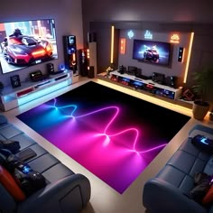 a living room with two couches and a rug that has neon lights on it