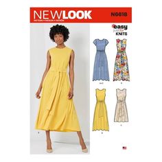 a woman in a yellow dress is standing next to an image of the new look sewing pattern