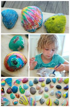 there are many different pictures of rocks and shells on the table, including one child playing with