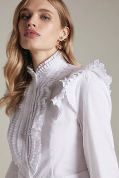 Be A Little Playful With Your New-Season Shirts. Adding Character To Your Go-To Tailoring, This Button-Up Is Trimmed With Structured Ruffles  Along The Neck, Shoulders, Bust And Sleeves. Classic Tops With Detachable Collar For Work, Elegant Tops With Detachable Collar For Workwear, Elegant Fall Tops With Detachable Collar, Fall Office Shirt With Ruffled Collar, Chic Top With Ruffled Collar And Buttons, Collared Ruffle Blouse For Workwear, Formal Tops With Ruffles And Collar, Formal Shirt With Ruffles, Chic Blouse With Ruffled Collar And Buttons