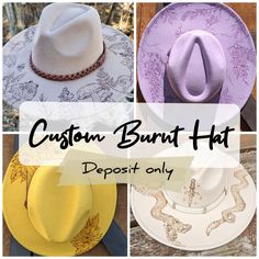 *This is a deposit ONLY* **Custom orders placed now cannot be guaranteed to arrive before Christmas. If you're in a rush check out my other hats** Before I start burning your hat you'll be required to pay the rest of the price in an additional listing. Expect to pay within the range of $75-$200 for the total price. (Prices are calculated based on intricacy of the design and cost of materials.) Once you pay your deposit, we will communicate back and forth through etsy messages where you can descr Custom Curved Brim Hat As Gift, Custom Short Brim Hat As Gift, Custom Flat Brim Hats For Gifts, Custom Flat Brim Hat As Gift, Burned Hats For Women, Burnt Hat Design, Burned Hat Design, Custom Cowgirl Hats, Hat Burning Ideas