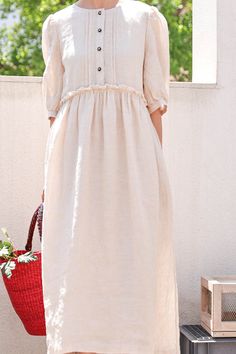 Short Sleeve Summer Women Linen Dresses Wool Dresses, Linen Dresses Summer, Dresses Cotton, Dresses Silk, White Linen Dresses, Summer Linen Dresses, Summer Linen, Collar Designs, Loose Style