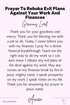 a prayer card with the words prayer to roboke evil plans against your work and finance