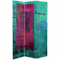 a room divider with pink and green paint on it