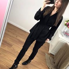 A suit of women fashion suits-Aria Doejay Black Office Lady Pantsuit, Black Formal Sets For Office, Fall Office Lady Sets With Suit Collar, Black Formal Office Sets, Black Office Lady Sets For Office Wear, Black Office Lady Sets, Black Winter Workwear Sets, Black Long Sleeve Office Sets, Fitted Black Pantsuit For Office