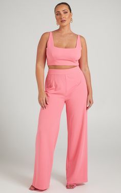 Elibeth Two Piece Wide Leg Set in Bubblegum Pink | Showpo USA Chic Two-piece High Waist Crop Top, Summer Two-piece Set Crop Top With Wide Leg, Trendy Wide Leg Pants Matching Set, Chic Cropped Two-piece Pants Set, Chic Cropped Two-piece Set Pants, Chic Cropped Pants Two-piece Set, Chic Pink Two-piece Bottoms Set, Chic Cropped Two-piece Bottoms Set, Night Out Cropped Two-piece Bottoms Set