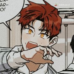 an anime character with red hair pointing at the camera and talking to someone in front of him