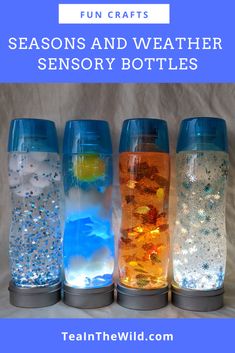 four water bottles filled with different colored liquid and the words fun crafts seasons and weather sensory bottles