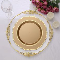 10 Pack | 10Inch Gold Plastic Dinner Plates Disposable Tableware Round With Gold Scalloped Rim Table Plate Setting, Birthday Gala, Hot Stamp, Crystal Cake, 10 Dinner, St Patrick's Day Decorations, Wedding Plates, Holiday Dining, Disposable Plates