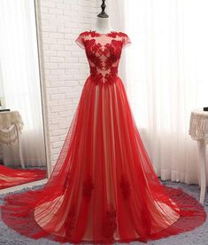 Gorgeous Red Tulle Gown, Red Formal Dress, Elegant Party Gowns Red Tulle Gown, Cap Sleeve Prom Dress, Dress Banquet, Sleeve Prom Dress, Tulle Prom Dresses, Gown Red, Formal Prom Dress, Banquet Party, Elegant Prom