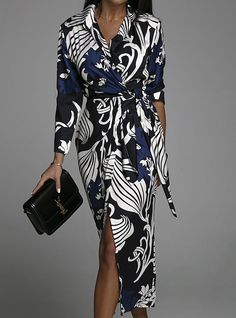 Formal Dress Midi, Mode Over 50, Mode Prints, Shirt Collar Styles, Vintage Midi Dresses, Marine Uniform, Long Sleeve Print Dress, Printed Wrap Dresses