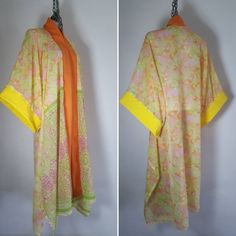 A beautiful one of a kind kimono, handmade with vintage printed saree material. Oversized Kimono cuff and panel collar in soft Linen viscose. Topstitch detailing across collar & cuffs. Long in length with side slits.  Free Size Design Fits UK 10-30  Relaxed boho style. Machine washable 30o Hang to dry Non crease. Steam or iron collar& cuffs.  This is a one of a kind design handmade by me in my studio Vintage Oversized Outerwear For Summer, Fitted Printed Kimono For The Beach, Beach Fitted Printed Kimono, Long Printed Spring Outerwear, Long Summer Beach Outerwear, Long Sleeve Summer Kimono For Daywear, Summer Long Sleeve Kimono For Daywear, Spring Long Sleeve Fitted Kimono, Spring Fitted Long Sleeve Kimono