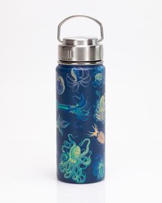 "Perfect for days in the lab, out at sea, or in the aquarium, this Octopus & Squid Vacuum Flask is ready for whatever your day has in store. Pour yourself a coffee and even if you don't get around to drinking it for hours, it'll still be toasty and delicious whenever you're ready for it. Let this flask inspire you to delve a little deeper into your oceanology research or your marine biology thesis-writing. With a textured design for a unique tactile experience, this flask will keep your drink ho Octopus Squid, Water Flask, Hot Cider, Octopus Print, Thesis Writing, Metal Water Bottle, Marine Biology, Textured Design, Steel Bottle