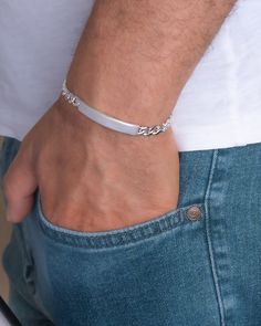 Embrace understated elegance with our Simple Bar Link Chain Bracelet, a versatile accessory that blends minimalist design with timeless appeal. Crafted from high-quality sterling silver, each link is meticulously crafted for a smooth and comfortable fit. This bracelet is perfect for everyday wear, adding a touch of sophistication to any outfit without being overly flashy. Its simplicity makes it a staple piece that effortlessly transitions from day to night, making it an essential addition to an Nameplate Bracelet, Mens Chain, Everyday Bracelet, Link Chain Bracelet, Id Bracelets, Sterling Silver Mens, Understated Elegance, Chains For Men, Silver Man