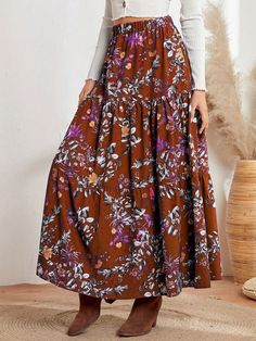 Women's Casual Floral Print Elastic Waist Skirt, Autumn Rust Brown Boho   Fabric Floral,Plants,All Over Print Layered/Tiered Non-Stretch Spring/Summer/Fall Women Clothing, size features are:Bust: ,Length: ,Sleeve Length: Boho Fabric, Elastic Waist Skirt, Women Skirts, Womens Baseball Cap, Retro Women, Fabric Floral, Inspiration Mode, Bra Women, Women's Casual