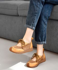 Boutique Camel Suede Splicing Lace Up Flat ShoesMade of:-Suede Upper.-Rubber sole-Faux Leather cushioned insole.1.37"/3.5cm Heel Shoes Boutique, Two Pieces Set Outfits, Boutique Sales, Leather Cushion, Shoe Boutique, Casual Vest, Denim Patchwork, Asymmetrical Design, Lace Up Flat