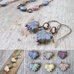 Crafted with meticulous attention to detail, each necklace, bracelet, and earring in this Mixed Maple Series is a stunning fusion of rustic boho charm. At the heart of every design are the Czech maple leaf beads, adorned in a mesmerizing array of silky metallic blue, purple, cream, and earthy browns. Accentuating the maple leaves are oval beads with a bronze luster finish, mirroring the hues found in the leaves. Interwoven in most items are round beads, rondelles, and metal bead caps each one unique in shape and texture. This listing is for these short dangle earrings with your choice of leaf color. I love the simplicity of these earrings. The leaf is 11x13mm in size with a lovely luster finish. You have a choice of metal color too. If you need the titanium for your sensitive ears, be sure Czech Glass Jewelry With Matching Earrings For Gifts, Czech Glass Jewelry Set With Matching Earrings As Gift, Nickel-free Czech Glass Jewelry Gift, Czech Glass Dangle Jewelry With Matching Earrings, Czech Glass Jewelry With Matching Dangle Earrings, Hypoallergenic Copper Dangle Jewelry, Adjustable Copper Jewelry For Pierced Ears, Everyday Copper Drop Earrings, Handmade Everyday Czech Glass Jewelry