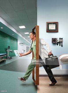 a man leaning against a wall holding a briefcase