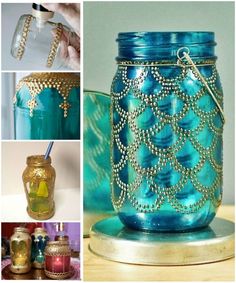 there are many different pictures of jars with beads and chains on them, one is blue the other is gold