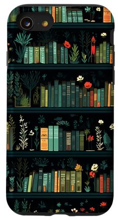 an iphone case with books and plants on the shelves in front of it, which is also