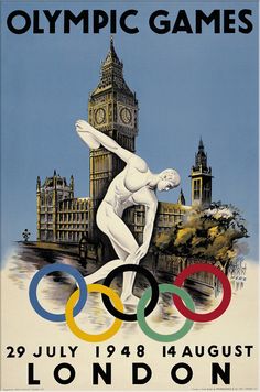 three olympic games are on display in front of the london olympics logo and an old poster