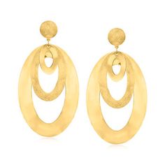 Ross-Simons - Italian 18kt Gold Over Sterling Textured Oval Drop Earrings. Carefully crafted in Italy, these drop earrings feature gleaming open-spaced ovals that make a modern statement. The textured and polished finishes on the 18kt yellow gold over sterling silver are applied by hand for an artisanal touch that will vary from piece to piece. Hanging length is 2 3/8". Post/clutch, 18kt gold over sterling oval drop earrings. Luxury Oval Yellow Gold Earrings, Luxury Yellow Gold Oval Earrings, Yellow Gold Oval Pierced Earrings, Oval Yellow Gold Pierced Earrings, Oval Yellow Gold Earrings, Classic Oval Pierced Earrings, Formal Oval Earrings With Elegant Design, Oval Earrings With Elegant Design For Formal Occasions, Luxury Oval Earrings With Polished Finish