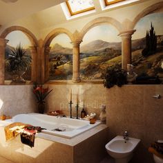 a bathroom with a large jacuzzi tub next to a toilet