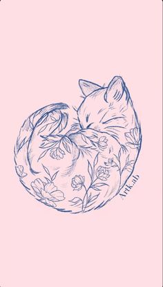 a drawing of a cat sleeping on top of a flowered pillow with its eyes closed