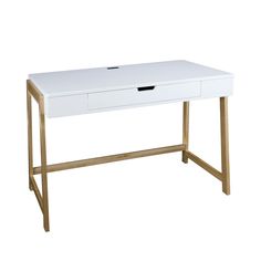 a white desk with two drawers on the top and one drawer at the bottom, against a white background