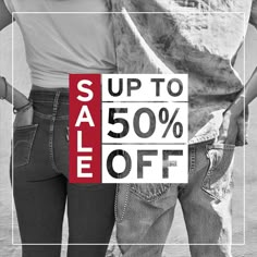 two people standing next to each other with the words sale up to 50 % off