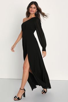 Graceful Elegance Black One-Shoulder Long Sleeve Maxi Dress Fitted One Shoulder Chiffon Dress With Asymmetrical Neckline, Fitted One-shoulder Chiffon Dress With Asymmetrical Neckline, Flowy Off-shoulder Party Dress, Flowy Off-shoulder Dress For Party, Off-shoulder Chiffon Midi Dress For Parties, Chiffon Off-shoulder Midi Dress For Party, Formal Off-shoulder Chiffon Dress, One Shoulder Chiffon Evening Dress, Flowy Off-shoulder Evening Dresses