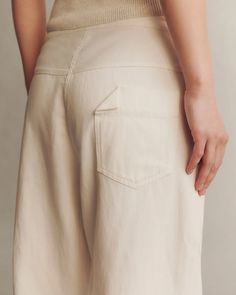 Deborah Kent's Boutique in South Tampa — Jetties Beach Pant in White Japanese Denim by TWP at Deborah Kent's Summer Wide Leg Jeans With Welt Pockets, Beige Bottoms With Hip Pockets, Straight Leg Jeans With Welt Pockets For Summer, Wide-leg Summer Pants With Five Pockets, Spring Jeans With Welt Pockets, Summer Trousers With Five Pockets, Summer Wide-leg Jeans With Patch Pockets, Summer Straight Pants With Patch Pockets, Relaxed Fit Cargo Pants With Five Pockets For Summer