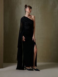 Namrata Joshipura-Black Trinity Drape Gown-INDIASPOPUP.COM Drape Gown, Hand Embellishment, Draped Gown, Gowns Black, Drape Gowns, Gown For Women, Cape Style, Gown Black, One Shoulder Gown