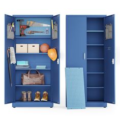 two blue lockers with items on the shelves