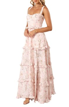 Ruffle trim adds an extra dimension of sophistication to a floral-patterned maxi dress complete with corset-inspired lacing. Ties at back Sweetheart neck Adjustable straps Lined 100% polyester Hand wash, line dry Imported Floral Maid Of Honor Dress, Where To Buy Prom Dresses, Light Pink Maxi Dress, Prom Dresses Floral, Floral Bridesmaid Dresses, Floral Prom Dresses, Black Tie Wedding Guests, Cute Prom Dresses, Floral Dresses Long