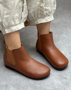 Side Elastic Soft Leather Boots — Obiono Casual Chelsea Boots With Low Heel, Casual Low Heel Leather Chelsea Boots, Casual Leather Chelsea Boots With Low Heel, Brown Slip-on Martin Boots For Fall, Casual Leather Martin Boots With Low Heel, Brown Flat-heel Chelsea Boots For Fall, Brown Flat Heel Chelsea Boots For Fall, Brown Chelsea Boots With Flat Heel For Fall, Brown Martin Boots With Medium Width And Closed Toe