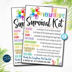 two printable summer survival kits with palm trees in the background and text that says,